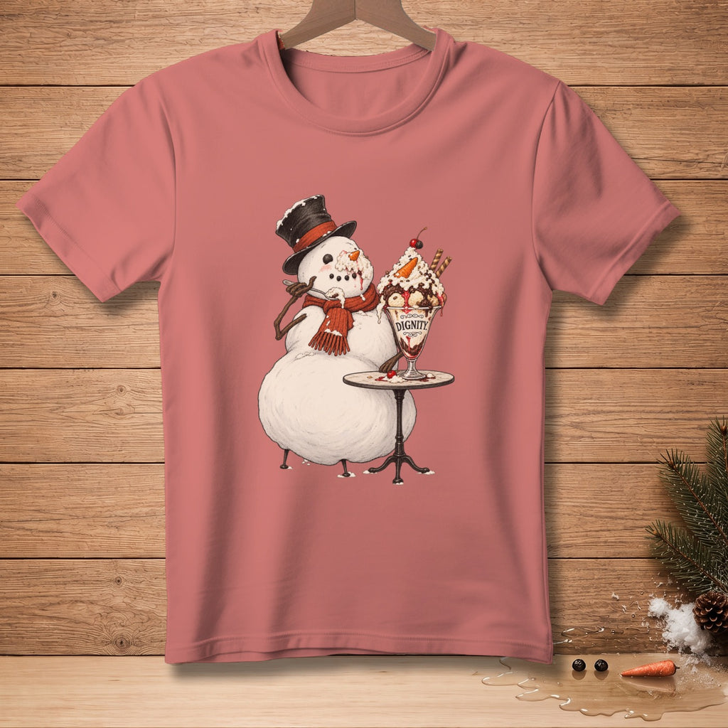Snowman in top hat and scarf eating a sundae with text "DIGNITY".