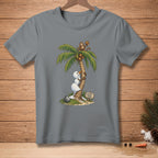 Snowman climbing palm tree with monkeys, sign reads "ALMOST THERE".