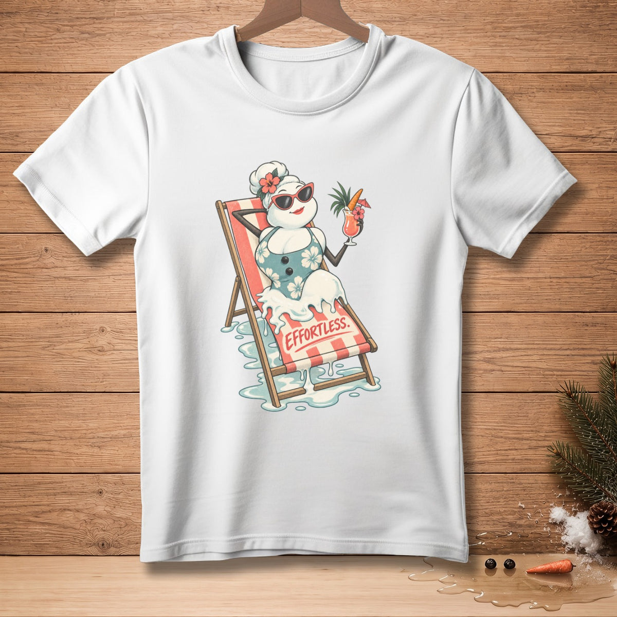 Snowman in a swimsuit relaxing in a beach chair with a drink.