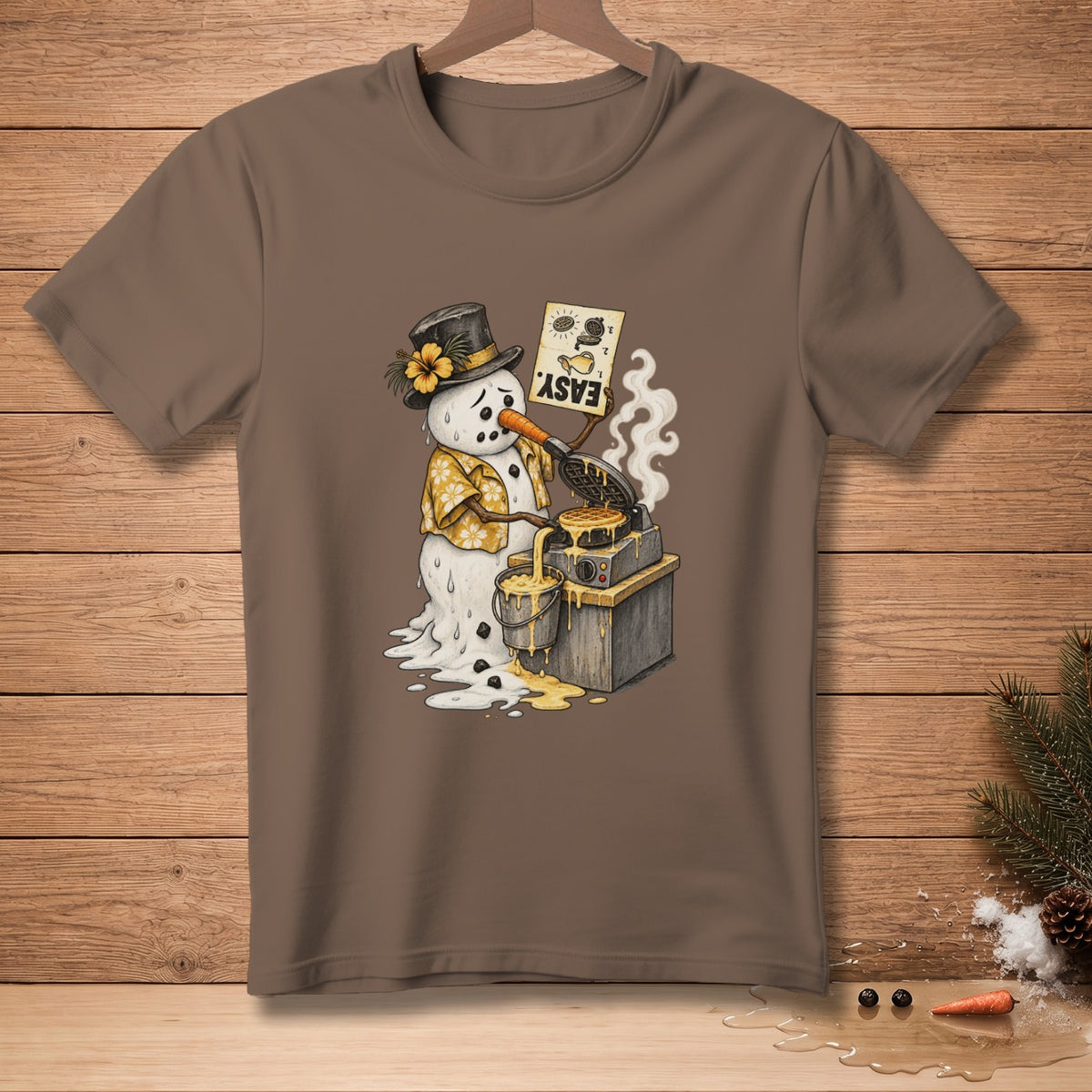 Snowman in a Hawaiian shirt and top hat making waffles on a waffle maker.
