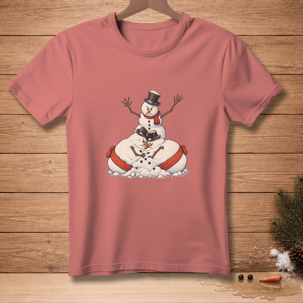 Illustration of three snowmen piled on each other, wearing hats and scarves.