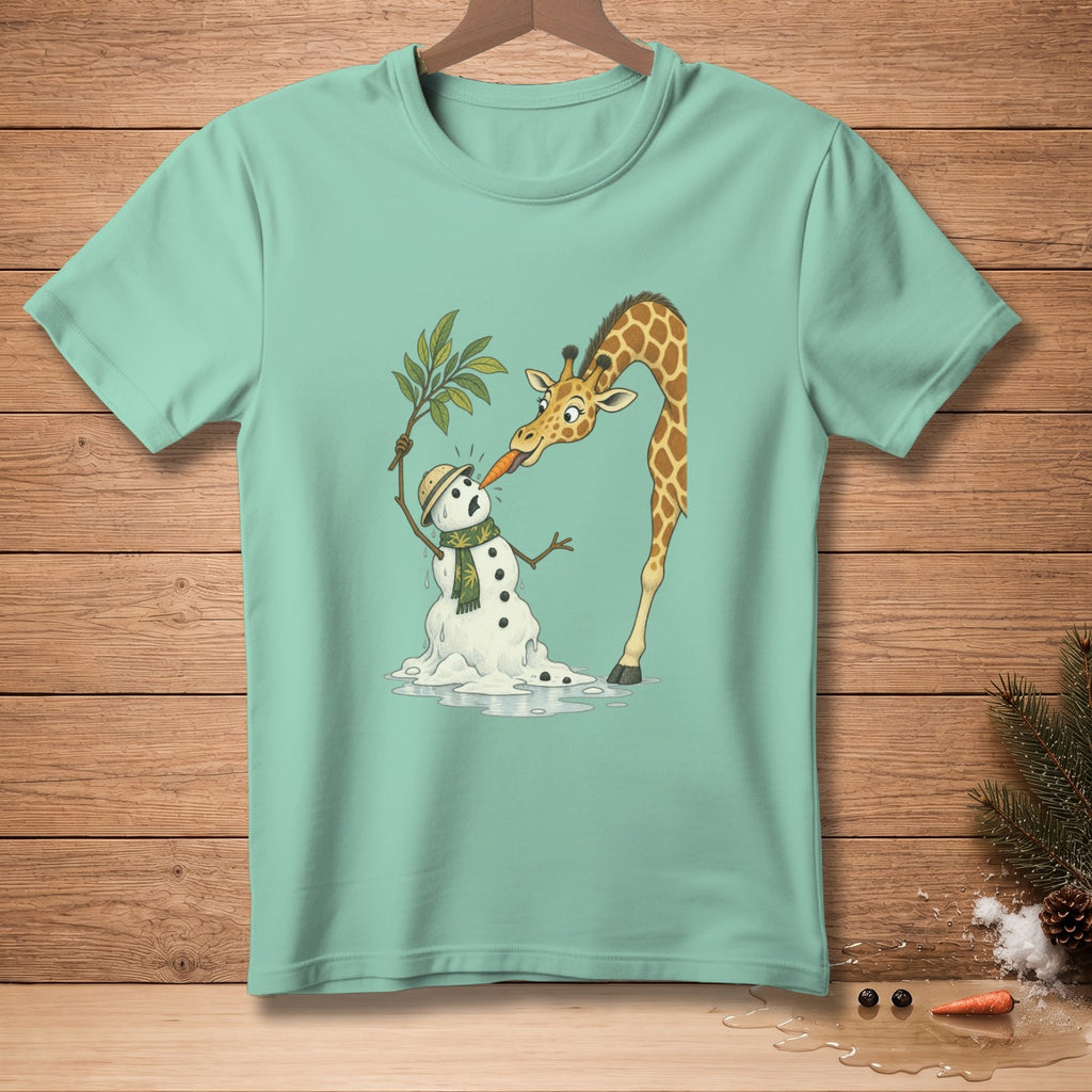 Giraffe feeding carrot to melting snowman wearing scarf and hat.