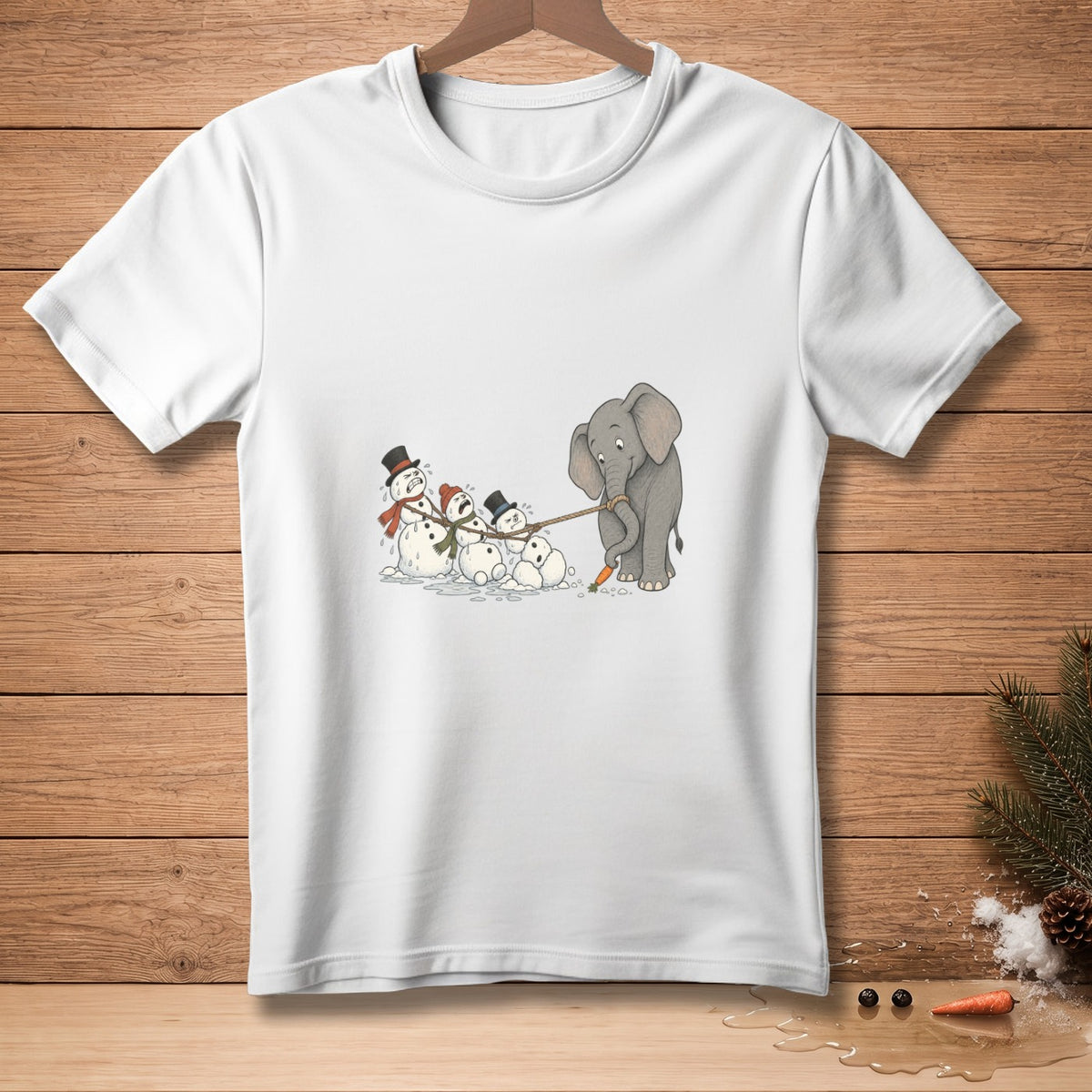 Elephant pulls snowmen on a sled, with carrot and pinecone decor.