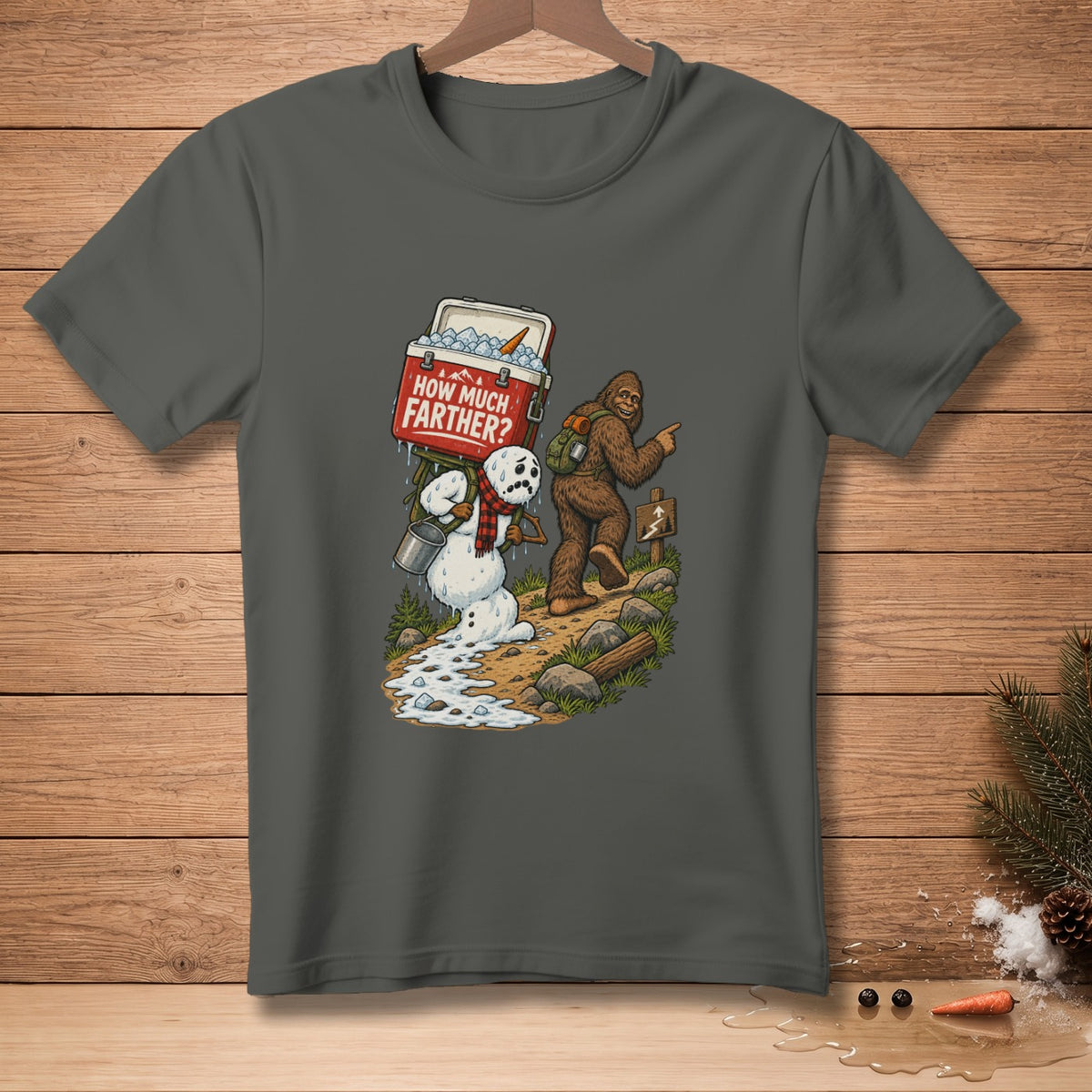 Bigfoot and melting snowman with cooler asking "How Much Farther?"