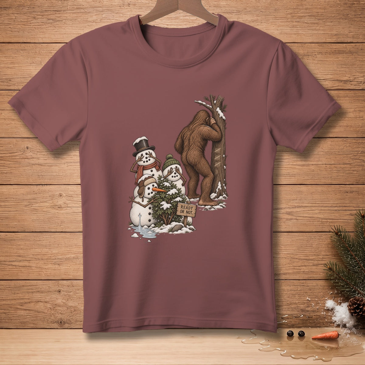 Bigfoot peeking from behind a tree at snowmen playing hide-and-seek.