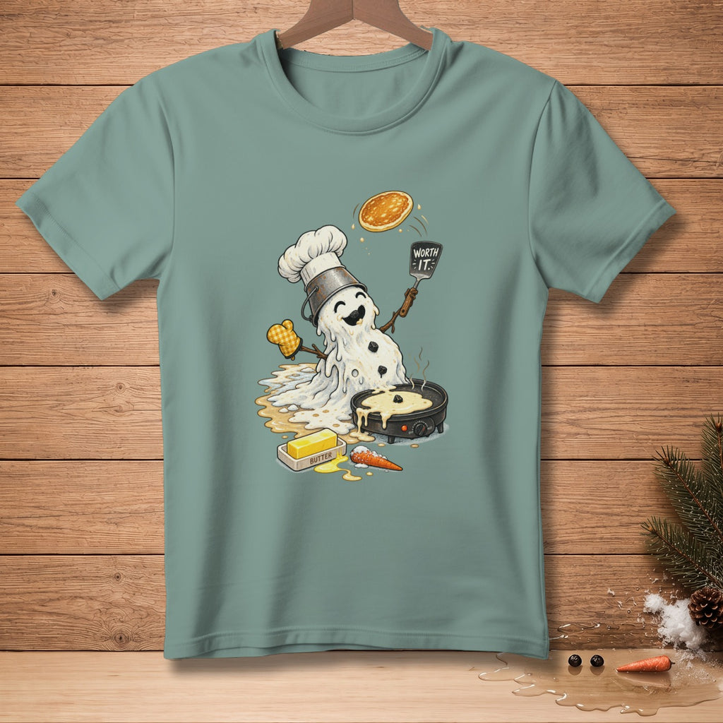 Melting snowman chef flipping pancake with spatula reading "Worth It".
