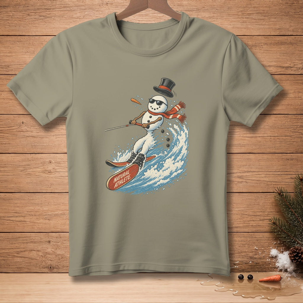 Snowman water-skiing wearing sunglasses, top hat, and scarf; "Natural Athlete" on ski.