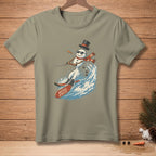 Snowman water-skiing wearing sunglasses, top hat, and scarf; "Natural Athlete" on ski.