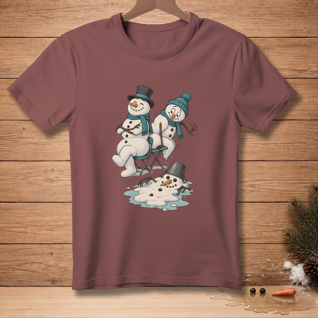 Two snowmen melt, one sits on a chair while the other collapses.