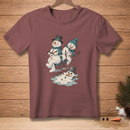 Two snowmen melt, one sits on a chair while the other collapses.
