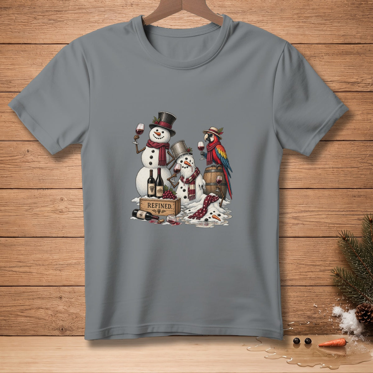 Snowmen and parrot drink wine by barrel with bottles and grapes, some melting.