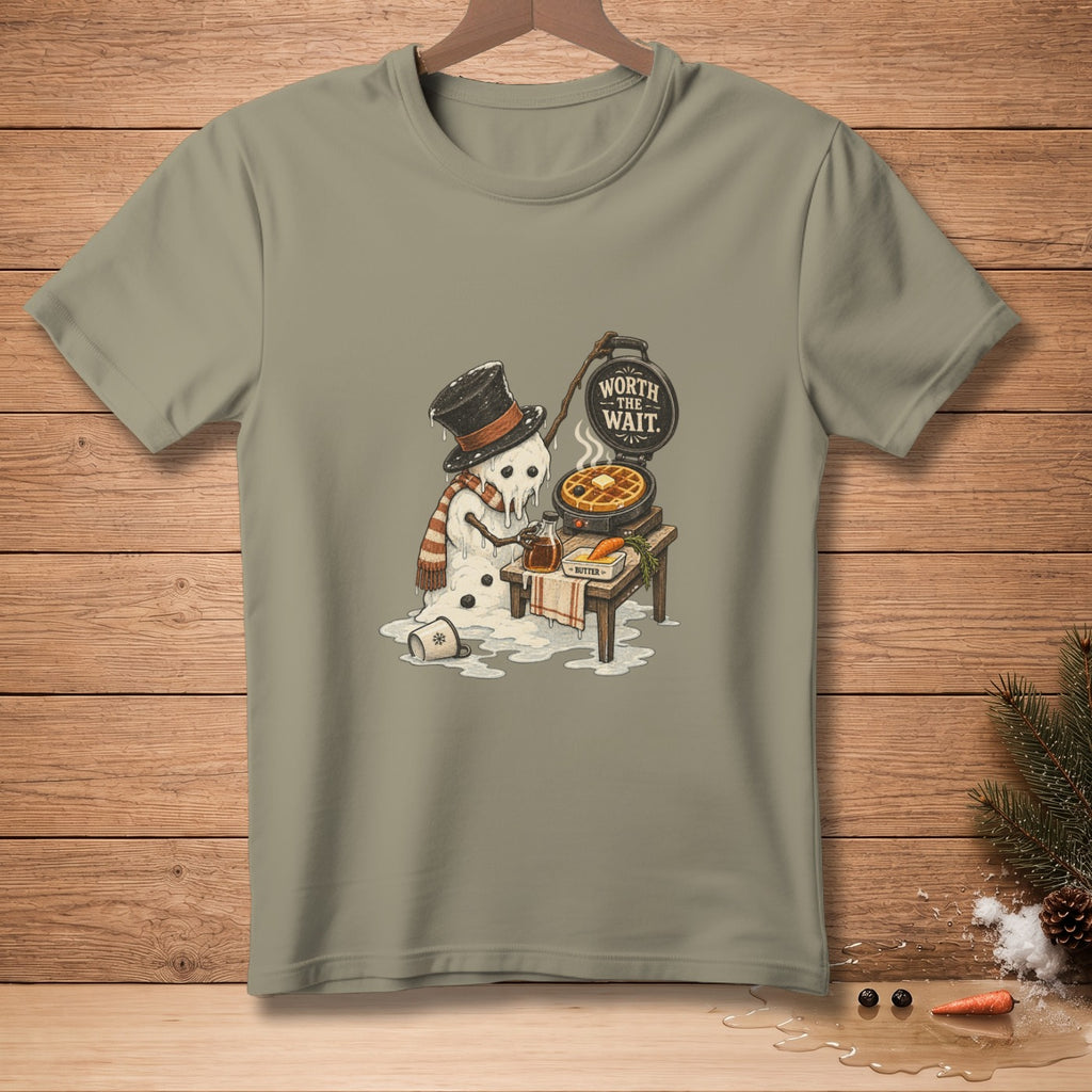 Melting snowman makes waffles with text "Worth the Wait".