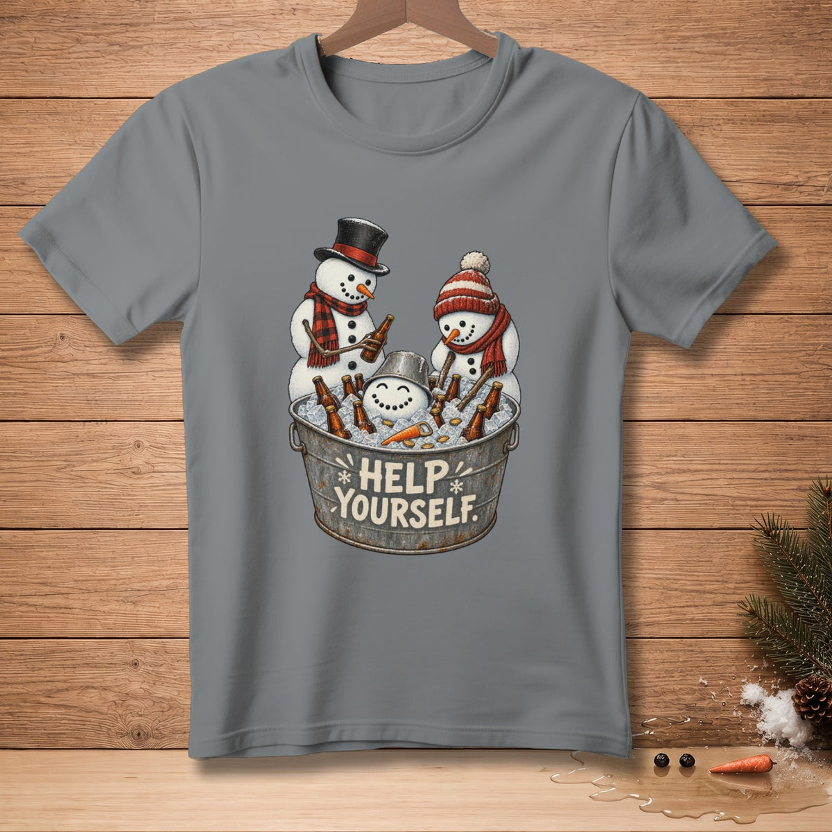 Snowmen in a bucket of ice with bottles and text that reads "HELP YOURSELF."