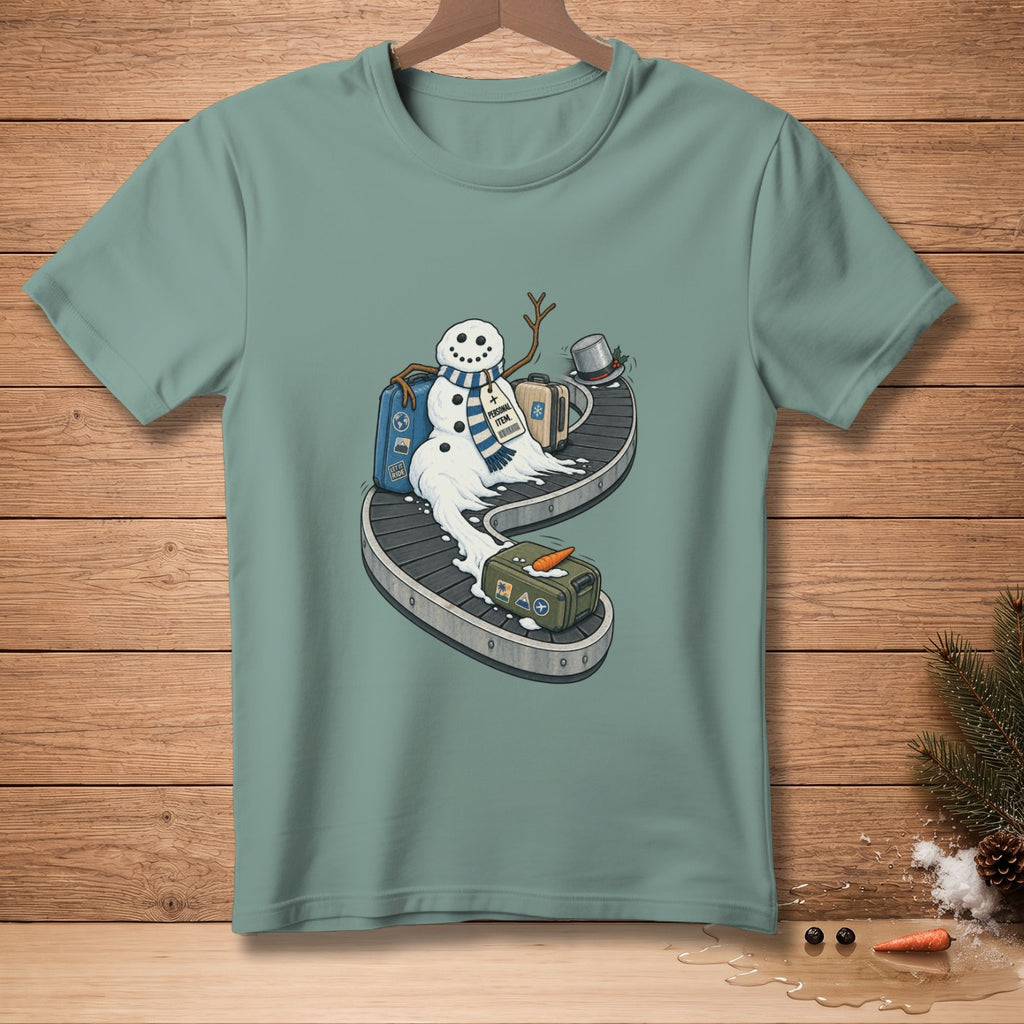 Melting snowman with luggage on a conveyor belt, wearing a scarf.