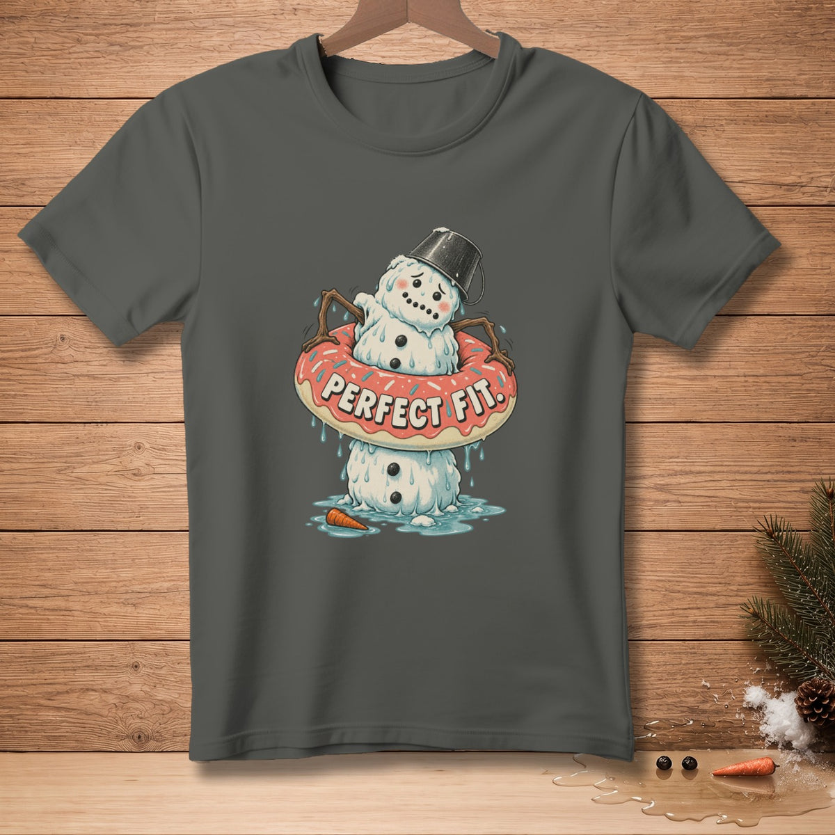 Melting snowman with bucket hat stuck in a donut, text "PERFECT FIT".