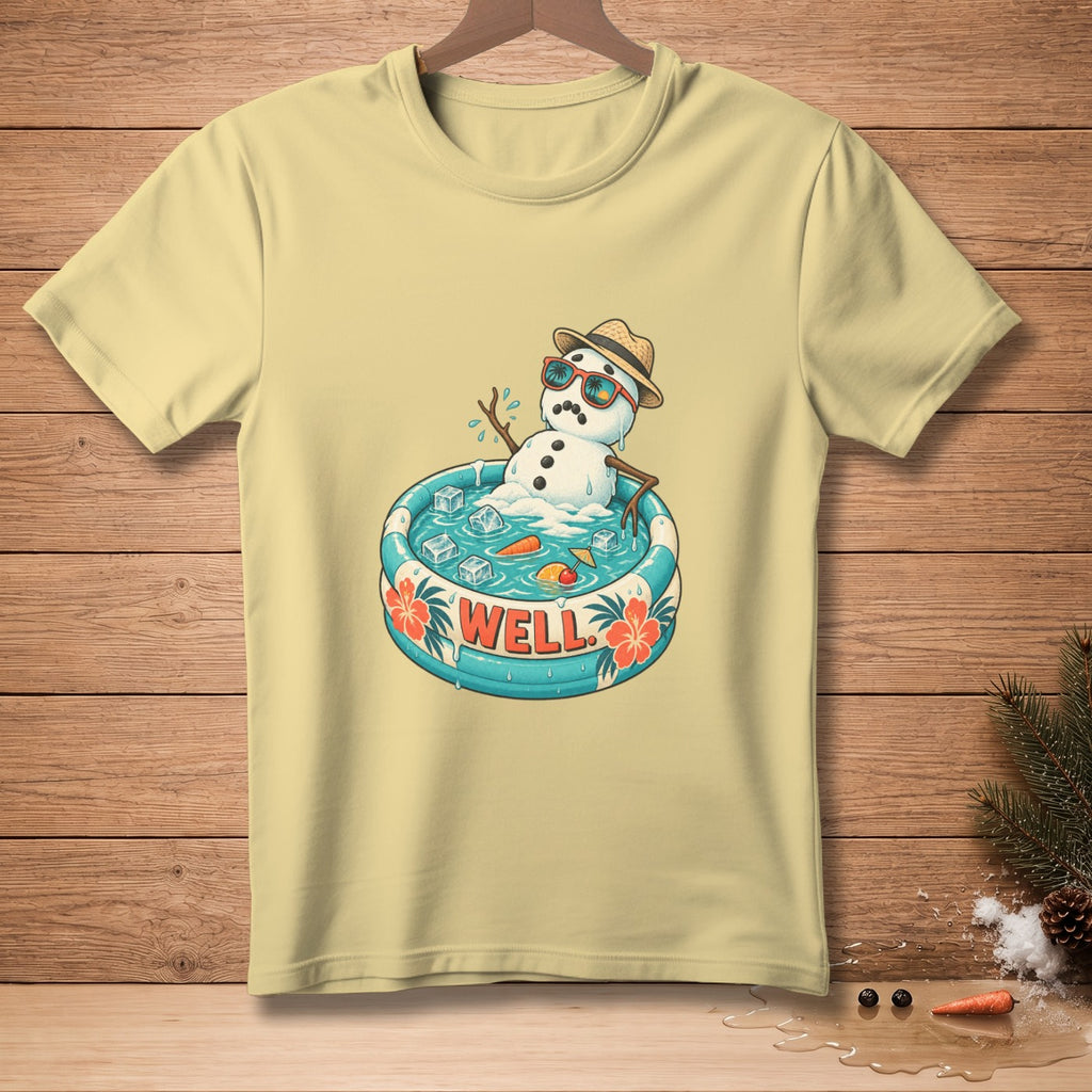 Snowman wearing sunglasses and hat relaxing in a kiddie pool, with "WELL" text.