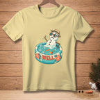 Snowman wearing sunglasses and hat relaxing in a kiddie pool, with "WELL" text.