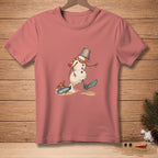 Melting snowman wearing scarf and bucket hat, with crab on board labeled "NATURAL".