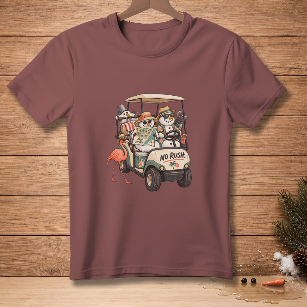 T-shirt graphic with snowmen in a golf cart and "NO RUSH." text.
