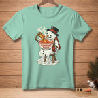 Melting snowman in top hat eating soup labeled "COMFORT FOOD."