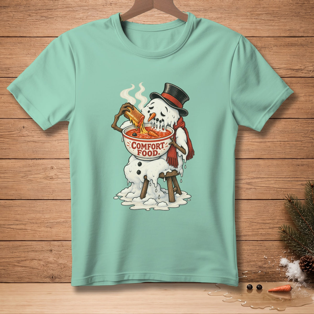 Melting snowman in top hat eating soup labeled "COMFORT FOOD."