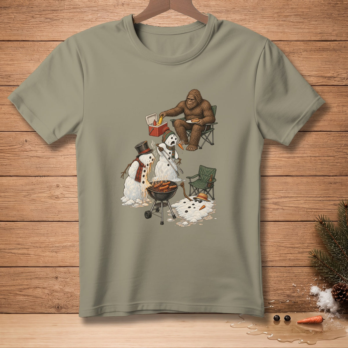 Bigfoot grilling hot dogs with melting snowmen at a barbecue.