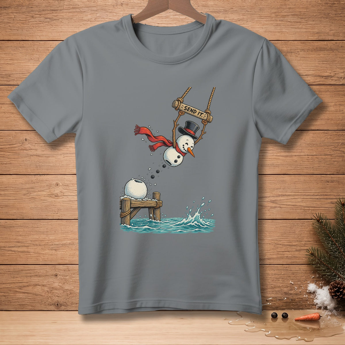 Snowman on swing with "Send It" sign jumping into water next to dock.