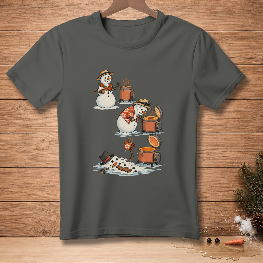 Snowmen in Hawaiian shirts and hats making hot drinks near melting pots.