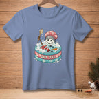 Snowman in a bathtub with bubbles and "Spa Day" text.
