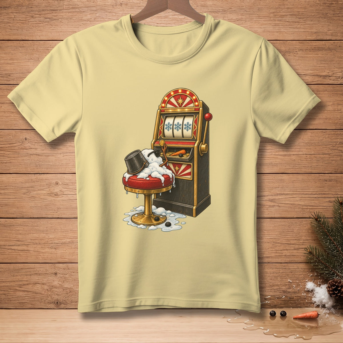 Illustration of a melting snowman sitting on a stool at a slot machine.