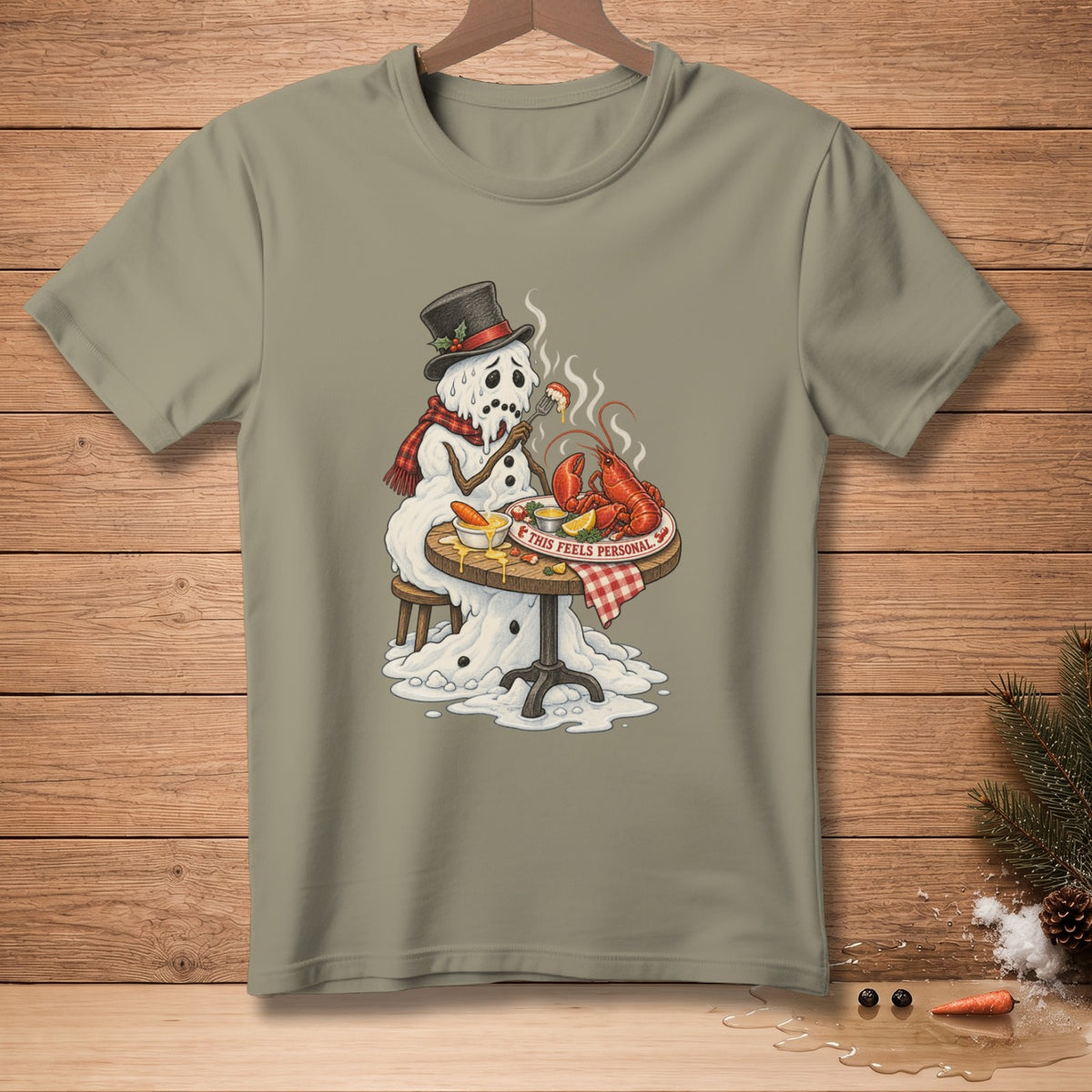 Snowman in top hat eating lobster with text "This Feels Personal".