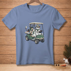 Snowmen in sunglasses drive a golf cart with melting snow and golf clubs.