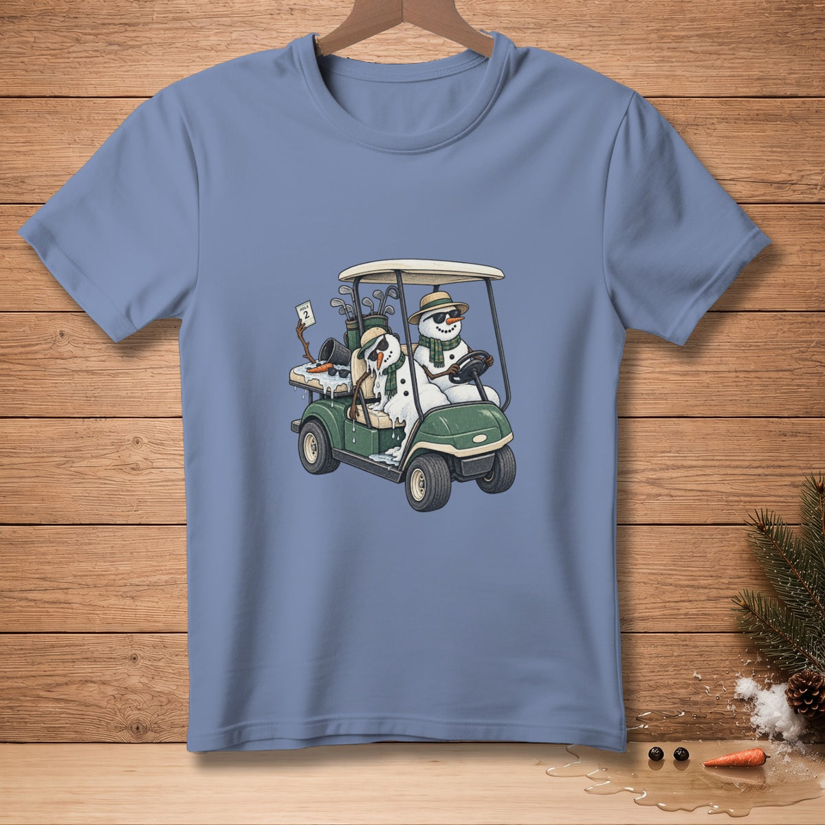 Snowmen in sunglasses drive a golf cart with melting snow and golf clubs.
