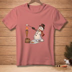Dripping snowman trying to roast marshmallow over a torch labeled "Patience".