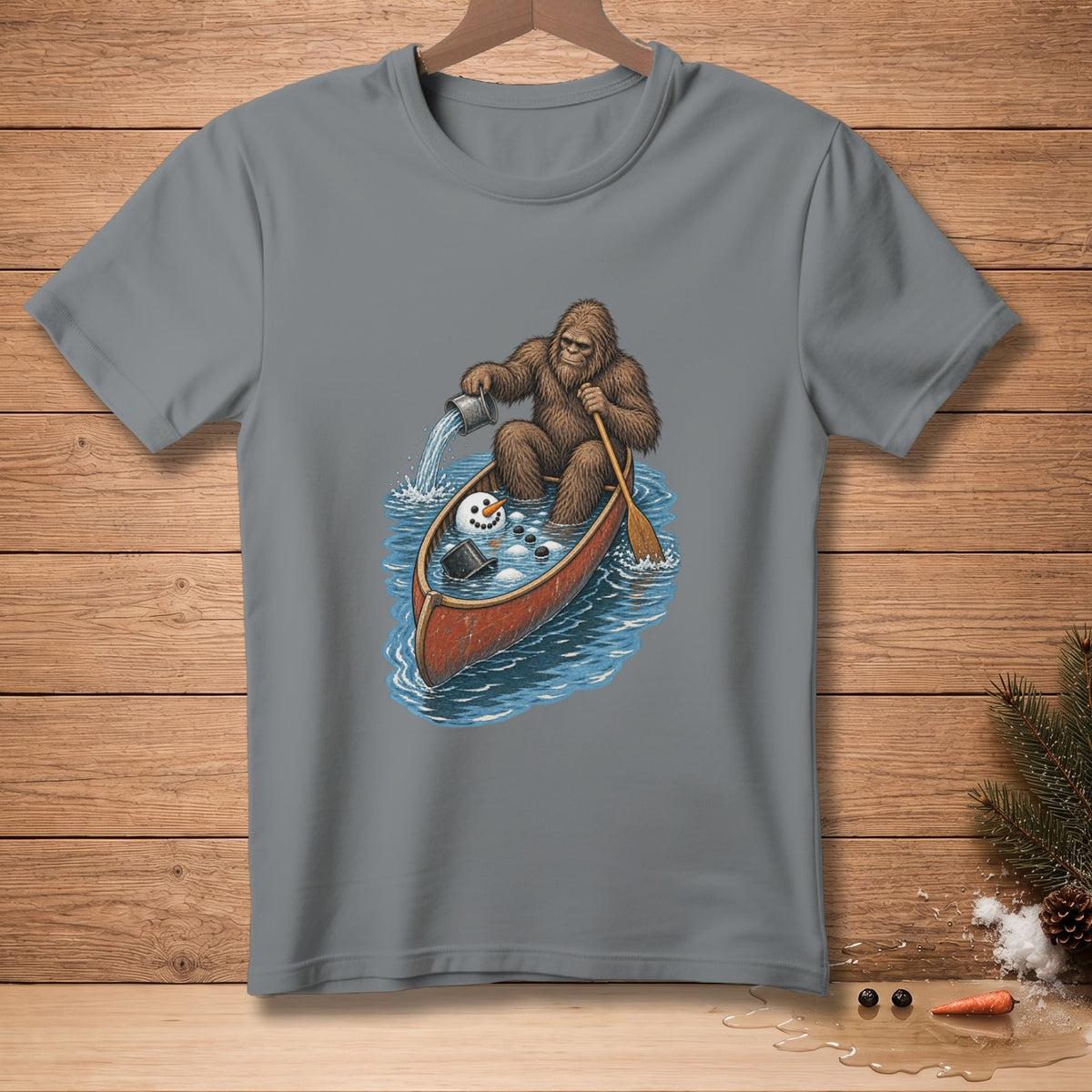 Bigfoot in a canoe pouring water on a melting snowman.