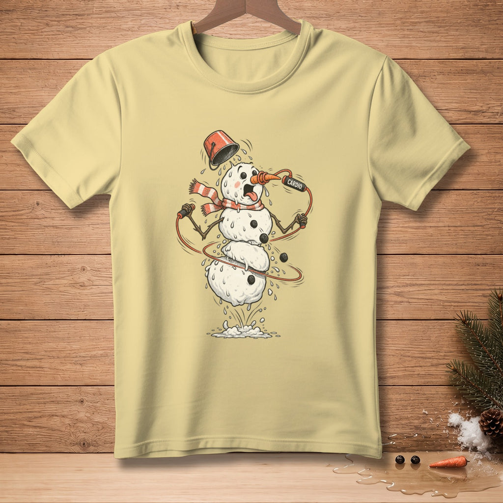 Melting snowman with bucket on head, jumping rope with "CARDIO" text.