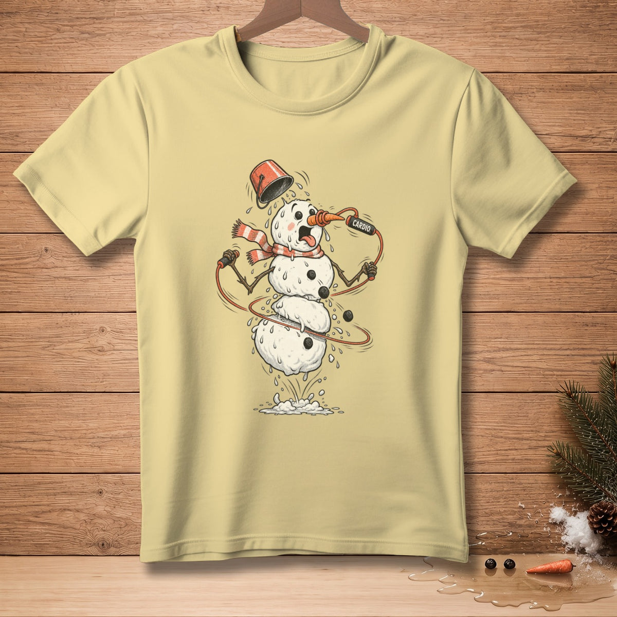 Melting snowman with bucket on head, jumping rope with "CARDIO" text.