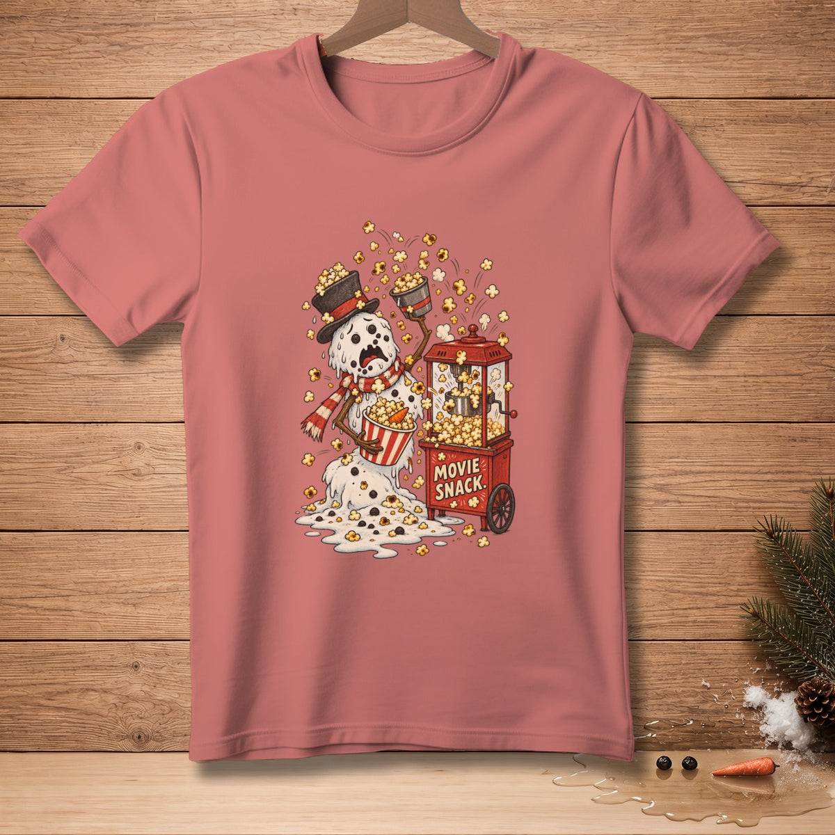 Melting snowman with popcorn spills, top hat, and "Movie Snack" cart.