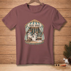T-shirt graphic of two snowmen relaxing under a cabana with text "OUR SPOT".