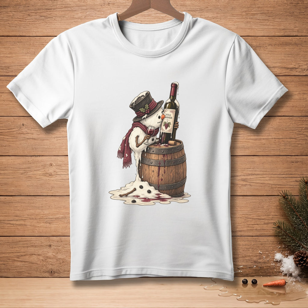 T-shirt graphic of melting snowman with wine bottle on barrel.