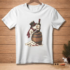T-shirt graphic of melting snowman with wine bottle on barrel.