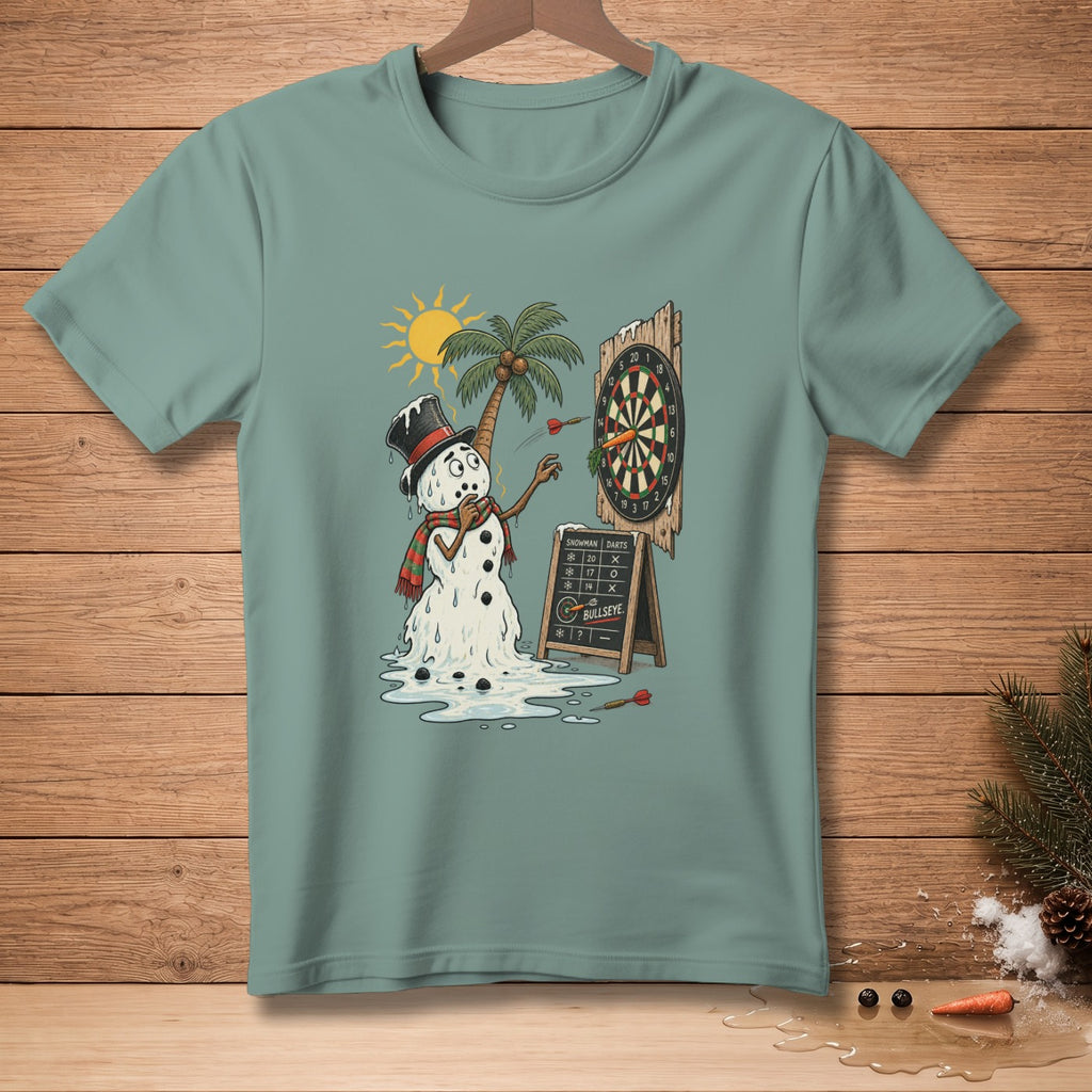 Melting snowman playing darts under a palm tree with a scoreboard.