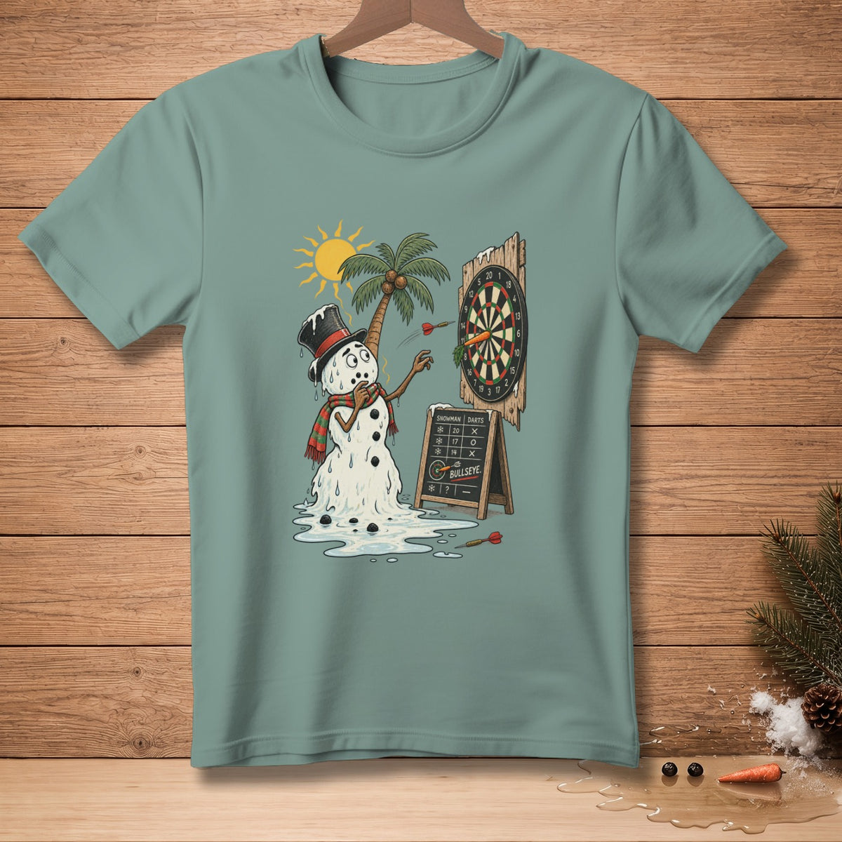 Melting snowman playing darts under a palm tree with a scoreboard.