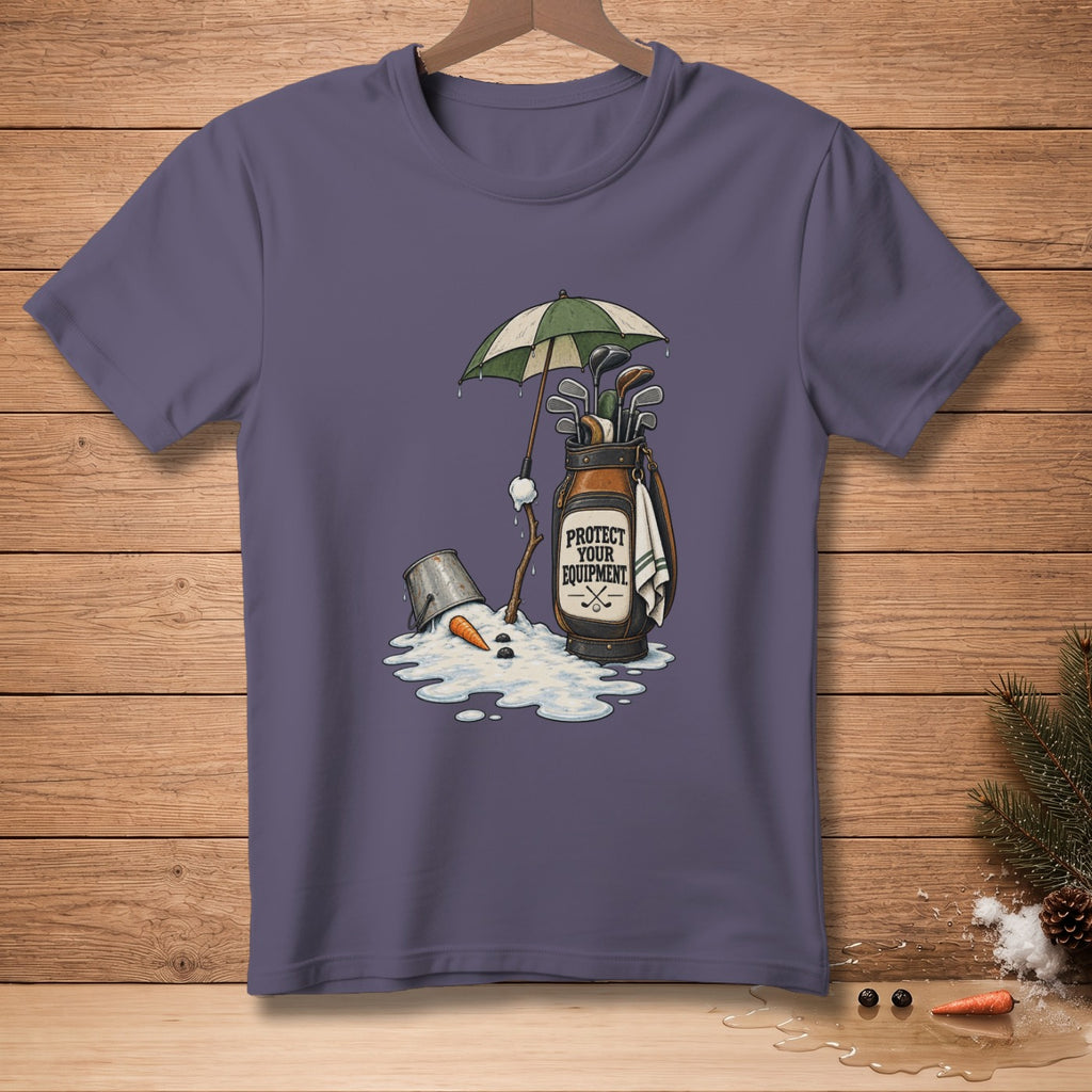 T-shirt graphic of melting snowman with golf bag and umbrella, text "PROTECT YOUR EQUIPMENT".