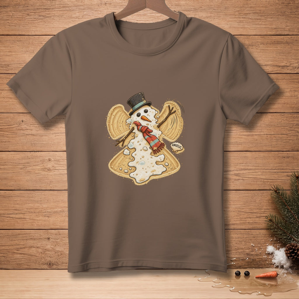 Snowman t-shirt design with a melting snowman and the word "ANGELIC".