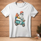 Snowman with parrot on scooter, text "SAFETY FIRST" on teal scooter.