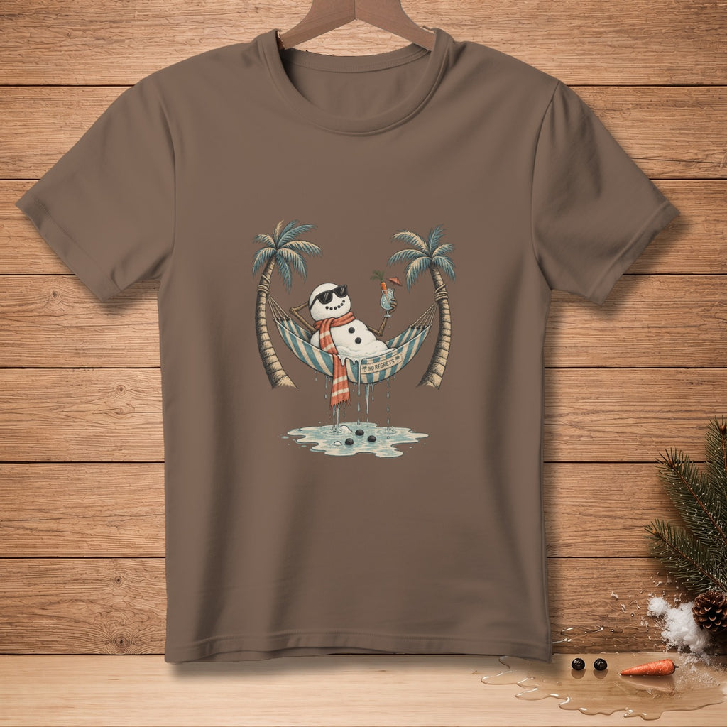 Snowman in sunglasses relaxes in a hammock between palm trees with a drink.