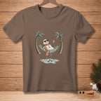 Snowman in sunglasses relaxes in a hammock between palm trees with a drink.