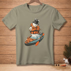 Snowman in kayak wearing life vest with "Safety First" text.