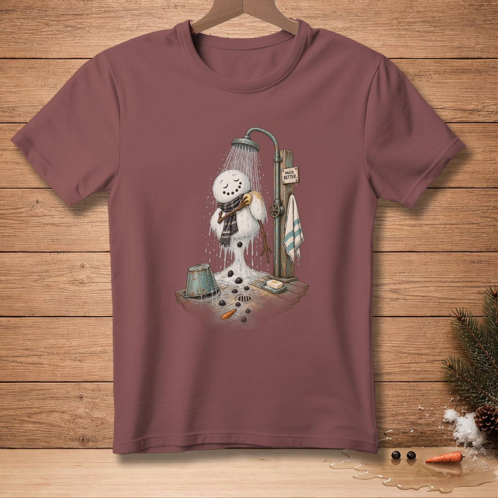Snowman showering with a bucket and a sign that reads "Much Better."